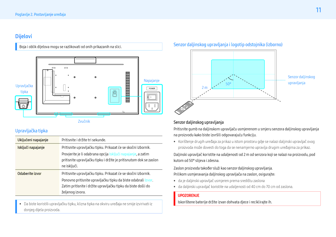 Samsung LH32PMFXTBC/EN manual Dijelovi, Upravljačka tipka, Senzor daljinskog upravljanja i logotip odstojnika izborno 