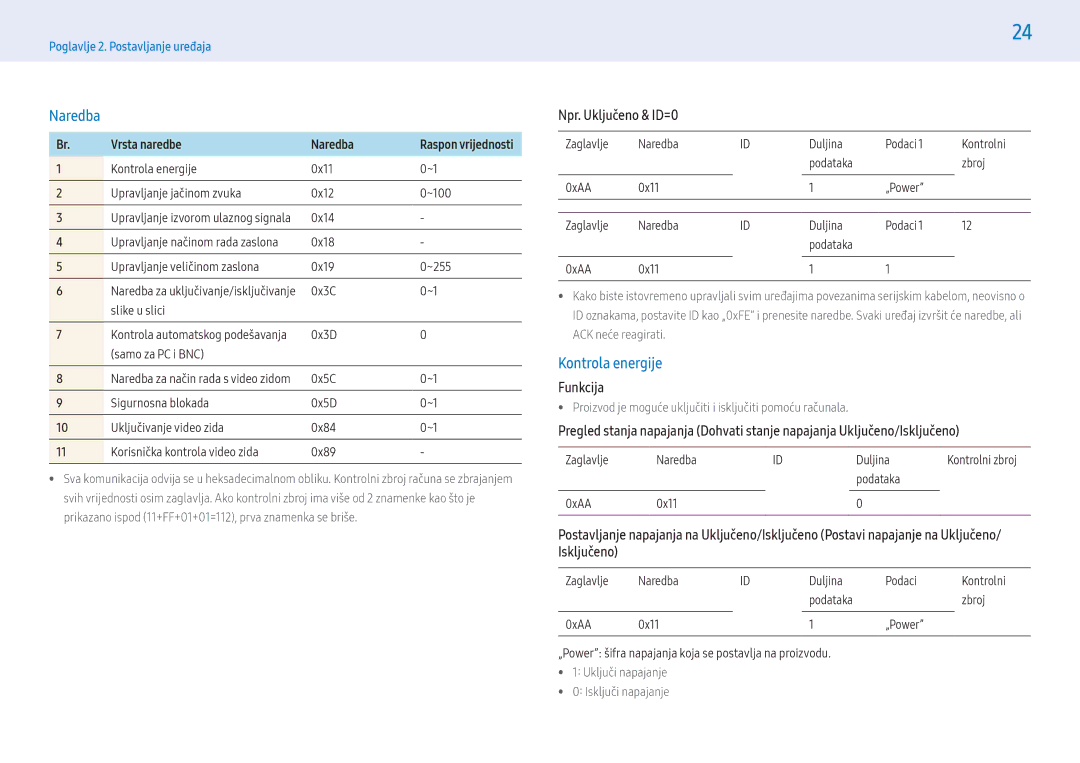Samsung LH55PMFXTBC/EN, LH32PMFXTBC/EN manual Kontrola energije, Npr. Uključeno & ID=0, Funkcija, Vrsta naredbe Naredba 
