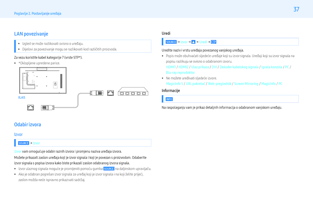 Samsung LH32PMFXTBC/EN, LH55PMFXTBC/EN manual LAN povezivanje, Odabir izvora, Izvor, Uredi, Informacije 