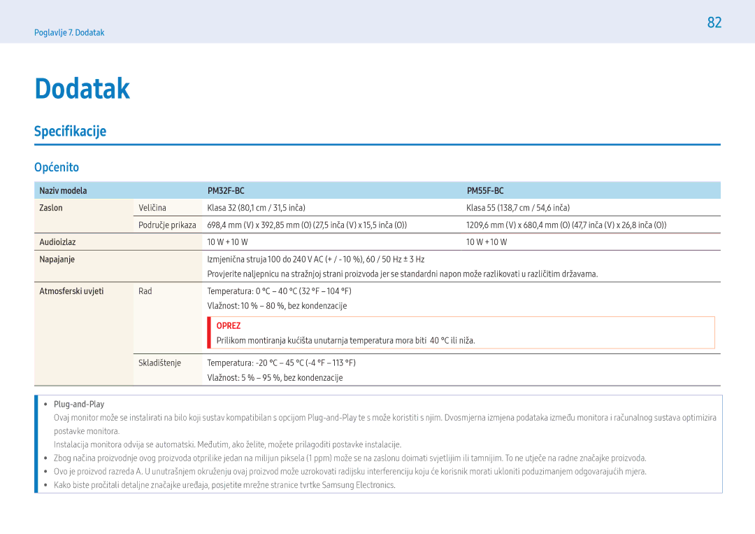 Samsung LH55PMFXTBC/EN, LH32PMFXTBC/EN manual Dodatak, Specifikacije, Općenito, Plug-and-Play 