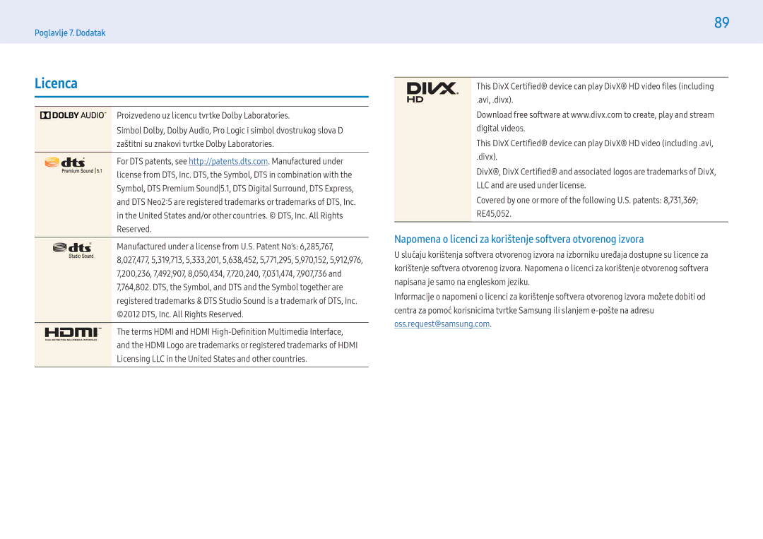 Samsung LH32PMFXTBC/EN, LH55PMFXTBC/EN manual Licenca, Napomena o licenci za korištenje softvera otvorenog izvora 