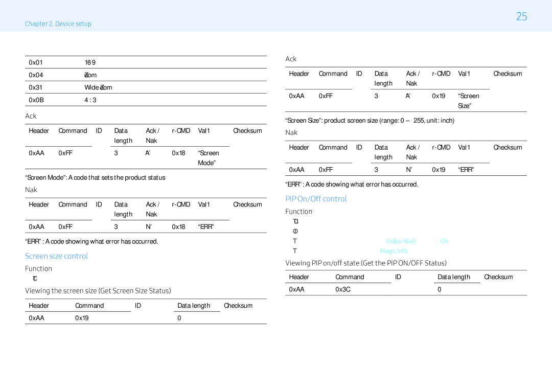 Samsung LH43PMHPBGC/CH manual Screen size control, PIP On/Off control, Viewing the screen size Get Screen Size Status 