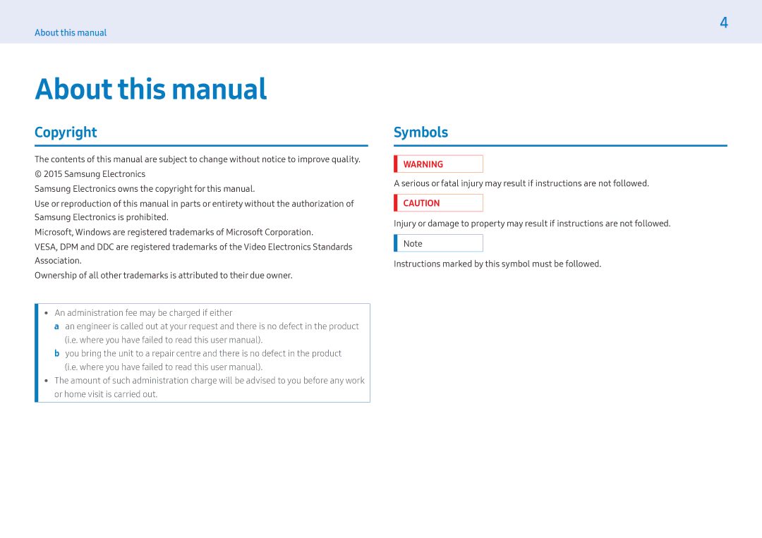 Samsung LH49PMHPBGC/UE, LH55PMHPBGC/EN, LH43PMHPBGC/EN, LH49PMHPBGC/EN, LH55PMHPBGC/NG About this manual, Copyright, Symbols 