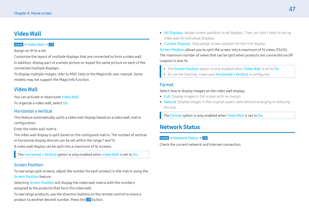 Samsung LH49PMHPBGC/EN, LH55PMHPBGC/EN, LH43PMHPBGC/EN, LH55PMHPBGC/NG, LH49PMHPBGC/UE manual Video Wall, Network Status 