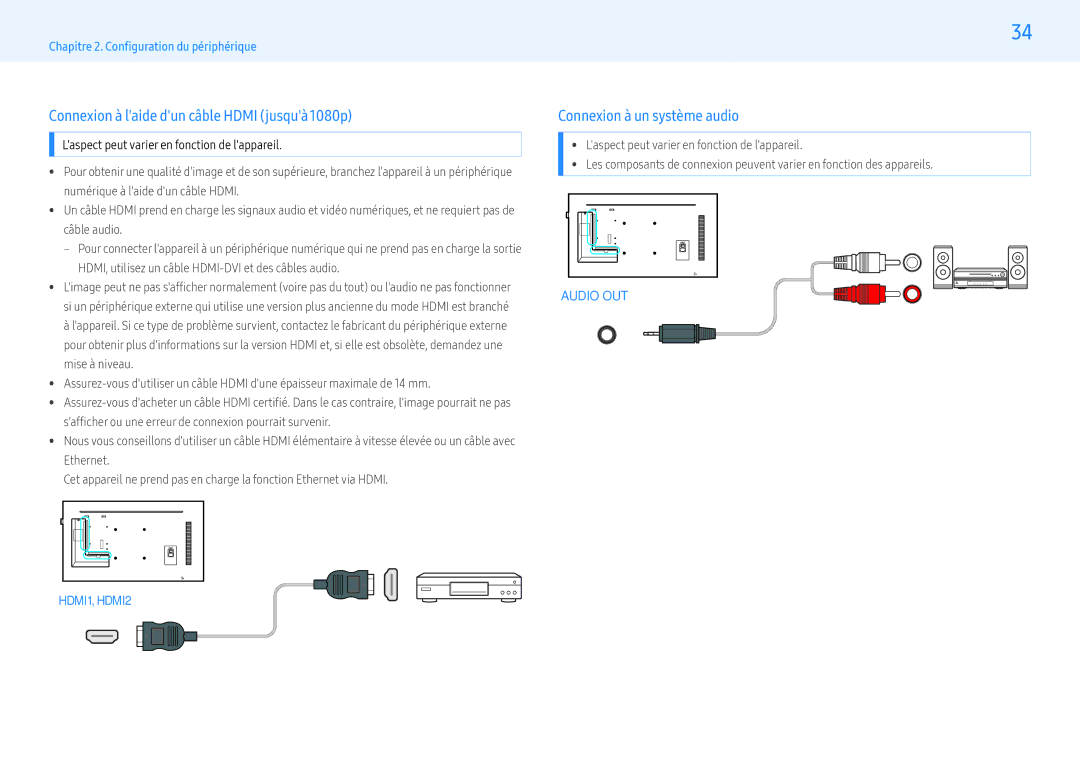 Samsung LH43PMHPBGC/EN, LH55PMHPBGC/EN manual Connexion à laide dun câble Hdmi jusquà 1080p, Connexion à un système audio 