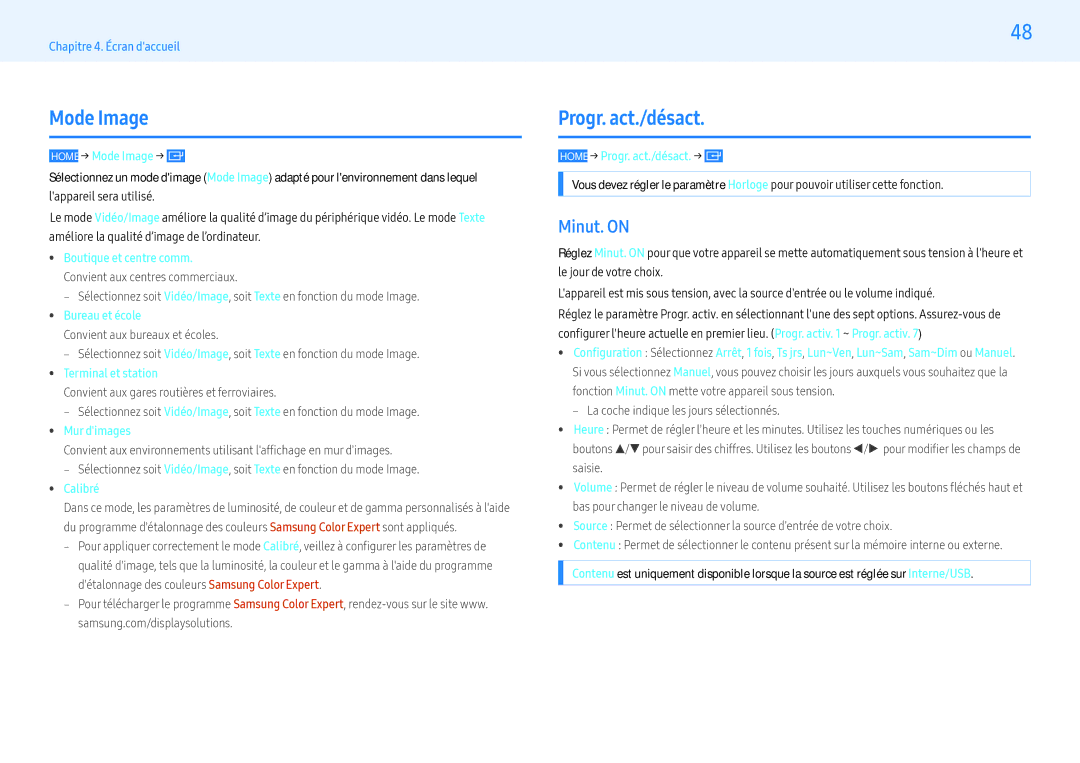 Samsung LH55PMHPBGC/EN, LH43PMHPBGC/EN, LH49PMHPBGC/EN manual Mode Image, Progr. act./désact, Minut. on 