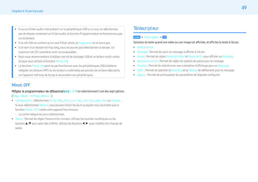 Samsung LH43PMHPBGC/EN, LH55PMHPBGC/EN, LH49PMHPBGC/EN manual Minut. OFF, Home → Téléscripteur →,  Arrêt / Activé 