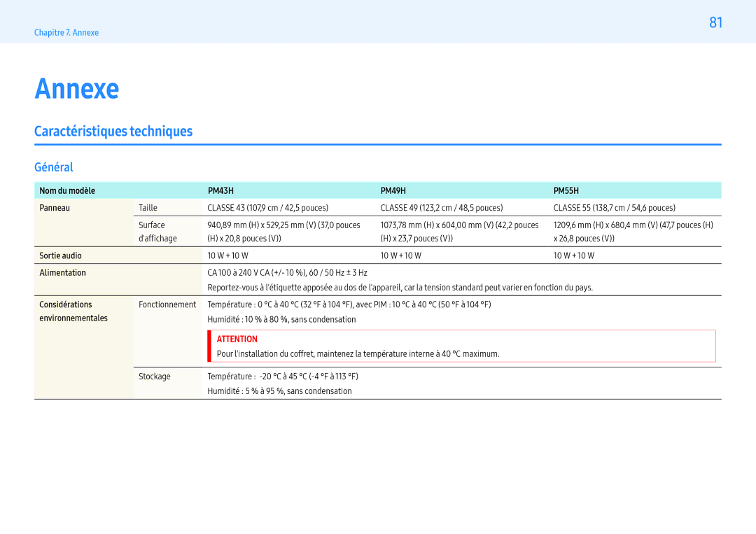 Samsung LH55PMHPBGC/EN, LH43PMHPBGC/EN, LH49PMHPBGC/EN manual Caractéristiques techniques, Général 