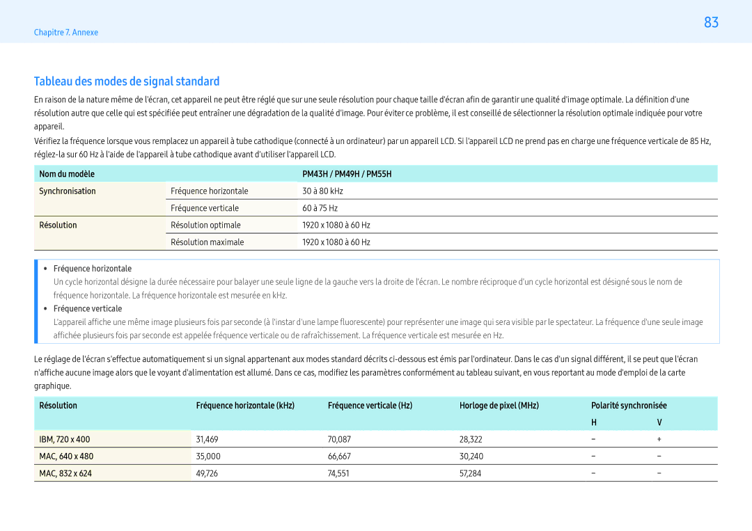 Samsung LH49PMHPBGC/EN manual Tableau des modes de signal standard, Nom du modèle PM43H / PM49H / PM55H Synchronisation 