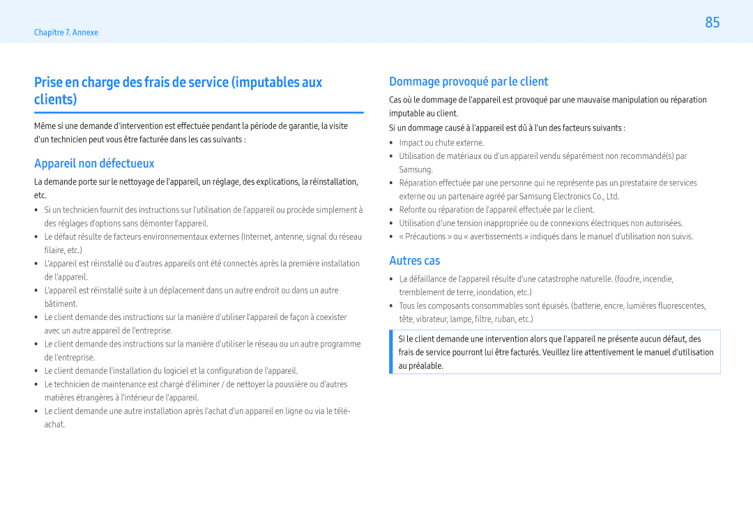 Samsung LH43PMHPBGC/EN Prise en charge des frais de service imputables aux clients, Appareil non défectueux, Autres cas 