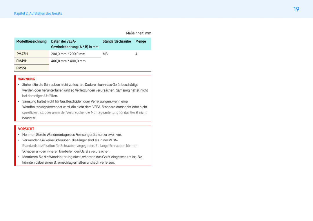 Samsung LH43PMHPBGC/EN, LH55PMHPBGC/EN manual Daten derVESA, Menge,  PM43H 200,0 mm * 200,0 mm, 400,0 mm * 400,0 mm 