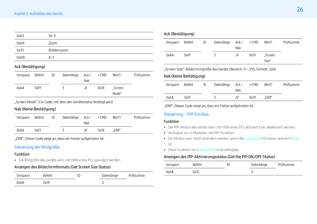 Samsung LH49PMHPBGC/EN, LH55PMHPBGC/EN, LH43PMHPBGC/EN manual Steuerung der Bildgröße, Steuerung PIP Ein/Aus 