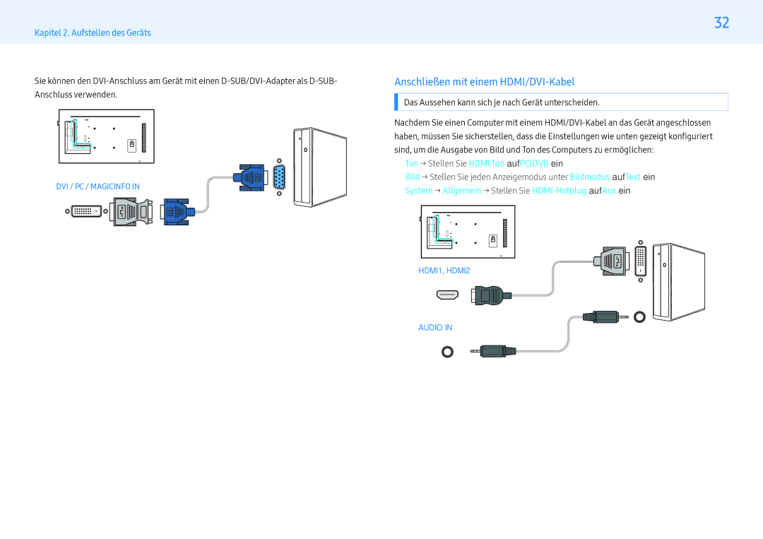 Samsung LH49PMHPBGC/EN Anschließen mit einem HDMI/DVI-Kabel,  System → Allgemein → Stellen Sie HDMI-Hotplug auf Aus ein 