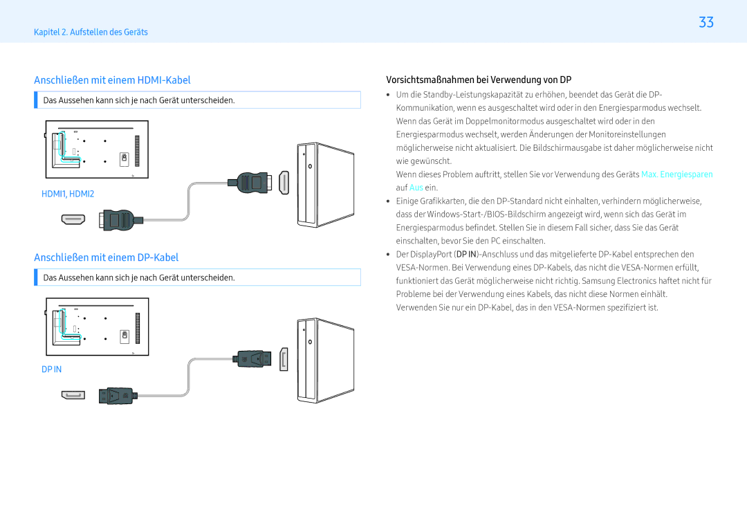 Samsung LH55PMHPBGC/EN, LH43PMHPBGC/EN, LH49PMHPBGC/EN Anschließen mit einem HDMI-Kabel, Anschließen mit einem DP-Kabel 