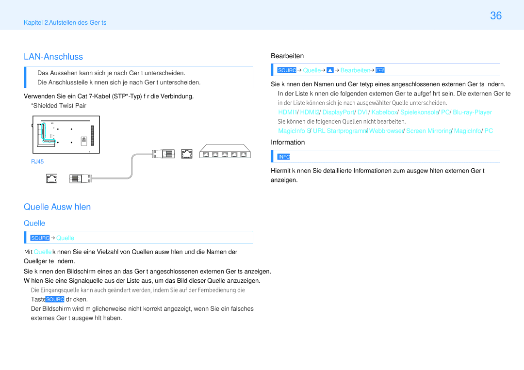 Samsung LH55PMHPBGC/EN, LH43PMHPBGC/EN, LH49PMHPBGC/EN manual LAN-Anschluss, Quelle Auswählen, Bearbeiten, Information 