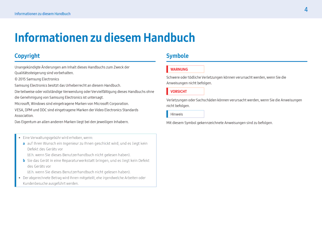 Samsung LH43PMHPBGC/EN, LH55PMHPBGC/EN, LH49PMHPBGC/EN manual Informationen zu diesem Handbuch, Copyright, Symbole 