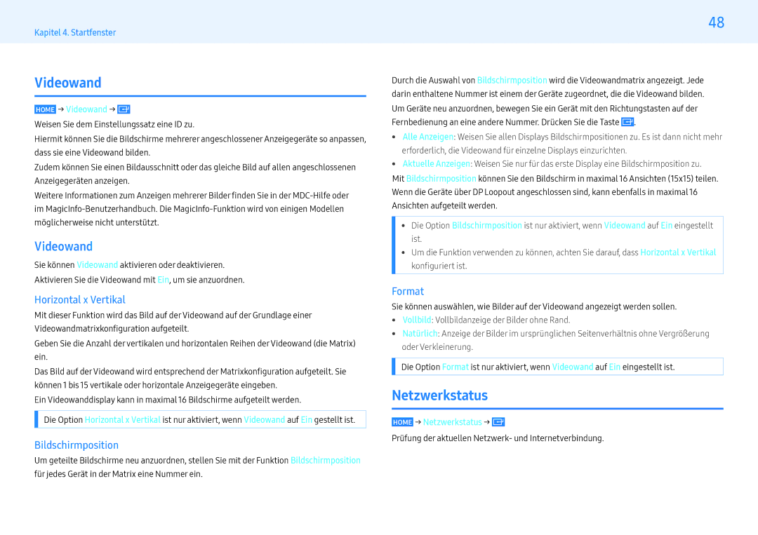 Samsung LH55PMHPBGC/EN, LH43PMHPBGC/EN, LH49PMHPBGC/EN manual Videowand, Netzwerkstatus 