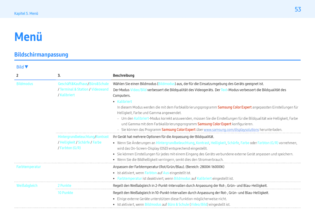 Samsung LH49PMHPBGC/EN, LH55PMHPBGC/EN, LH43PMHPBGC/EN manual Menü, Bildschirmanpassung 