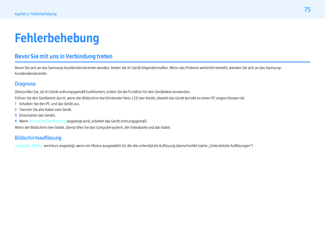 Samsung LH55PMHPBGC/EN manual Fehlerbehebung, Bevor Sie mit uns in Verbindung treten, Diagnose, Bildschirmauflösung 