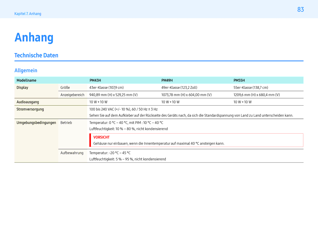 Samsung LH49PMHPBGC/EN, LH55PMHPBGC/EN, LH43PMHPBGC/EN manual Anhang, Technische Daten, Allgemein 