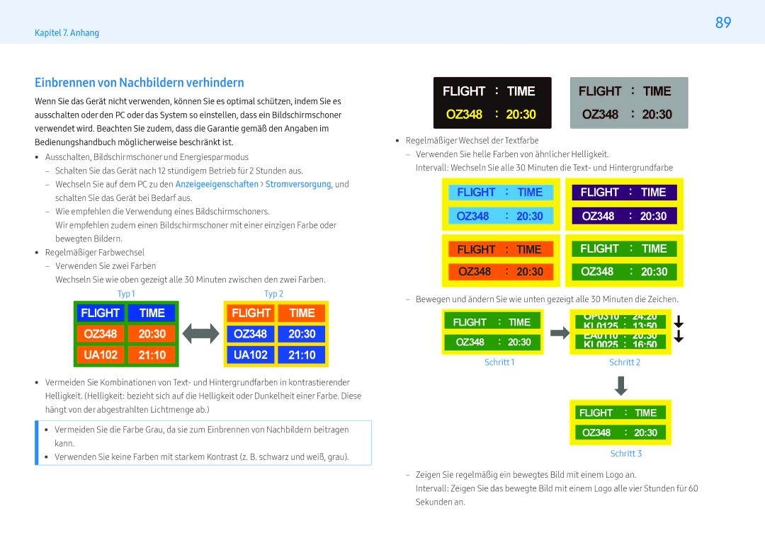 Samsung LH49PMHPBGC/EN manual Einbrennen von Nachbildern verhindern, Ausschalten, Bildschirmschoner und Energiesparmodus 