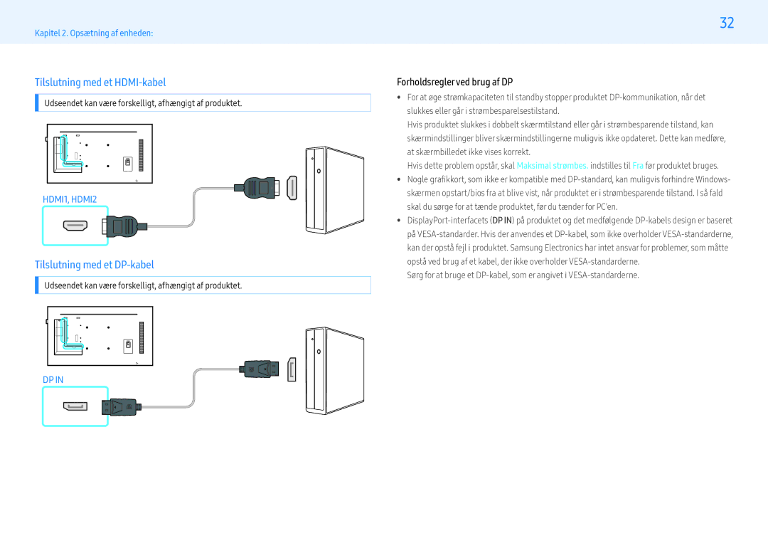 Samsung LH49PMHPBGC/EN manual Tilslutning med et HDMI-kabel, Tilslutning med et DP-kabel, Forholdsreglerved brug af DP 