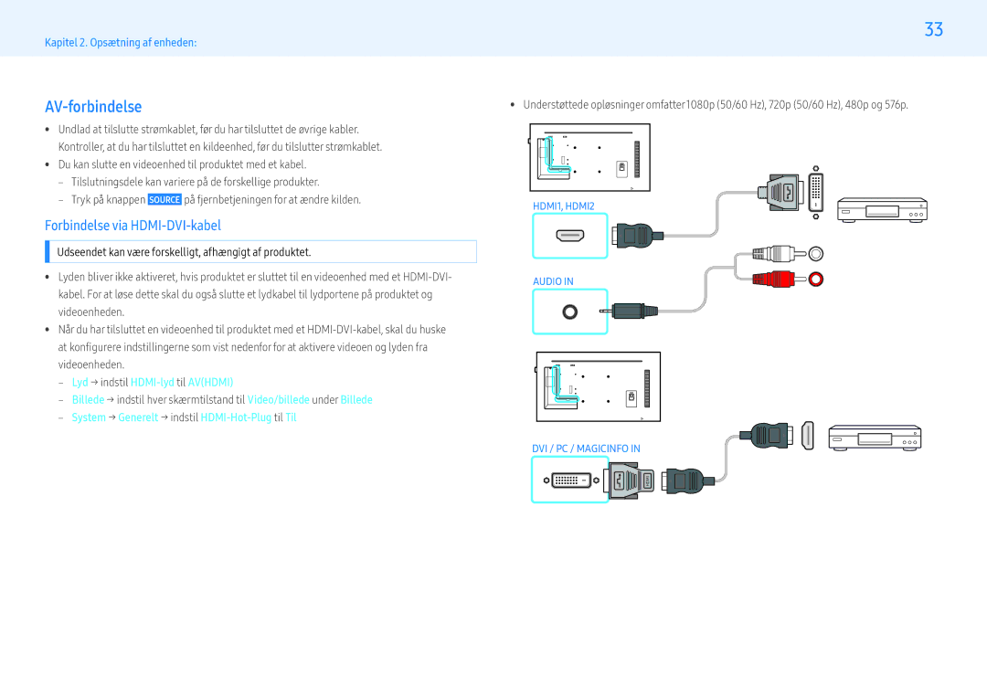 Samsung LH55PMHPBGC/EN manual AV-forbindelse, Forbindelse via HDMI-DVI-kabel, ‒‒ Lyd → indstil HDMI-lyd til Avhdmi 