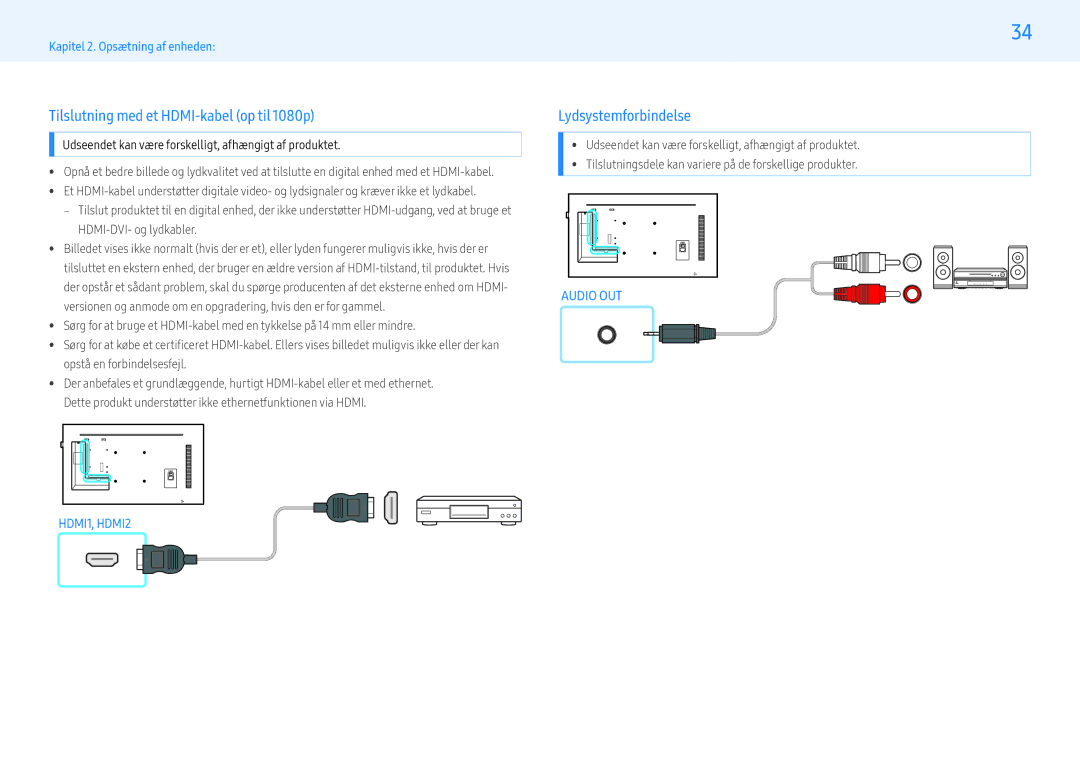 Samsung LH43PMHPBGC/EN, LH55PMHPBGC/EN, LH49PMHPBGC/EN Tilslutning med et HDMI-kabel op til 1080p, Lydsystemforbindelse 