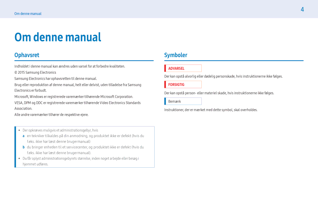 Samsung LH43PMHPBGC/EN, LH55PMHPBGC/EN, LH49PMHPBGC/EN Om denne manual, Ophavsret, Symboler 