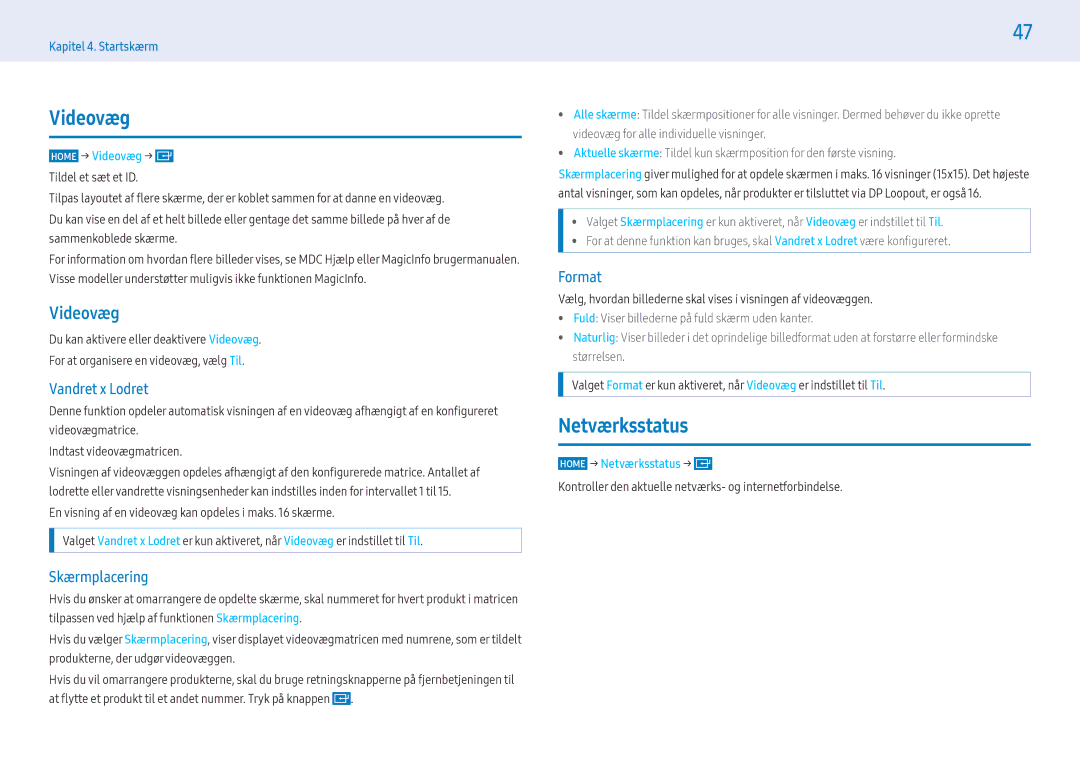 Samsung LH49PMHPBGC/EN, LH55PMHPBGC/EN, LH43PMHPBGC/EN manual Videovæg, Netværksstatus 