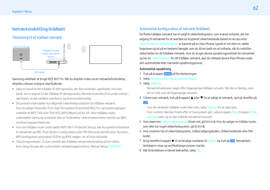 Samsung LH49PMHPBGC/EN, LH55PMHPBGC/EN, LH43PMHPBGC/EN Netværksindstilling trådløst, Tilslutning til et trådløst netværk 