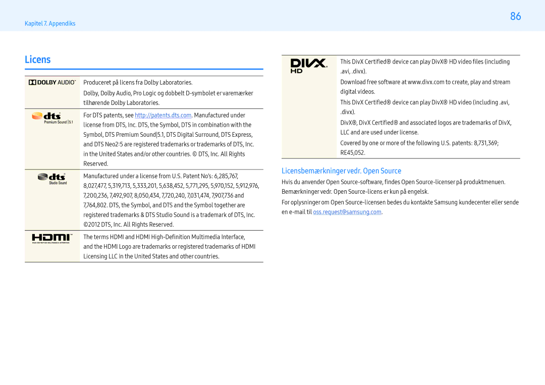 Samsung LH49PMHPBGC/EN, LH55PMHPBGC/EN, LH43PMHPBGC/EN manual Licensbemærkningervedr. Open Source 