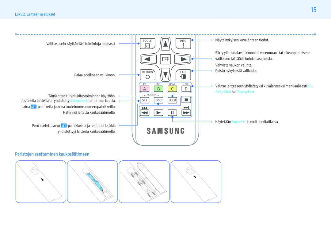 Samsung LH55PMHPBGC/EN, LH43PMHPBGC/EN, LH49PMHPBGC/EN manual Paristojen asettaminen kaukosäätimeen 