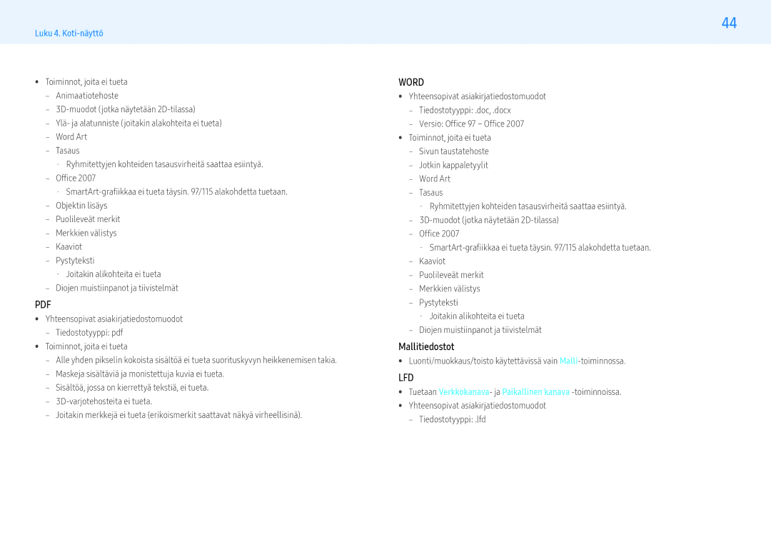 Samsung LH49PMHPBGC/EN, LH55PMHPBGC/EN manual Mallitiedostot, Luonti/muokkaus/toisto käytettävissä vain Malli-toiminnossa 