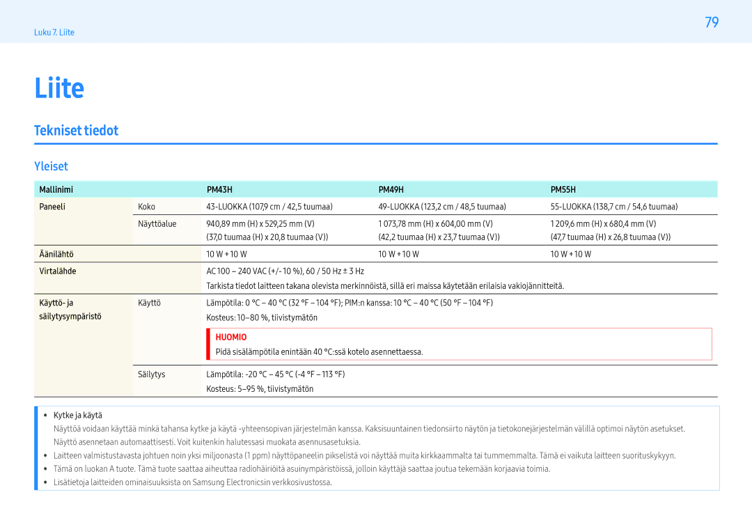 Samsung LH43PMHPBGC/EN, LH55PMHPBGC/EN, LH49PMHPBGC/EN manual Tekniset tiedot, Yleiset 