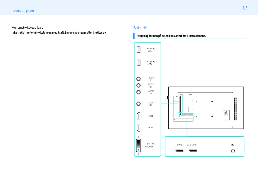 Samsung LH55PMHPBGC/EN, LH43PMHPBGC/EN, LH49PMHPBGC/EN manual Bakside, Mellomstykkelogo valgfri 