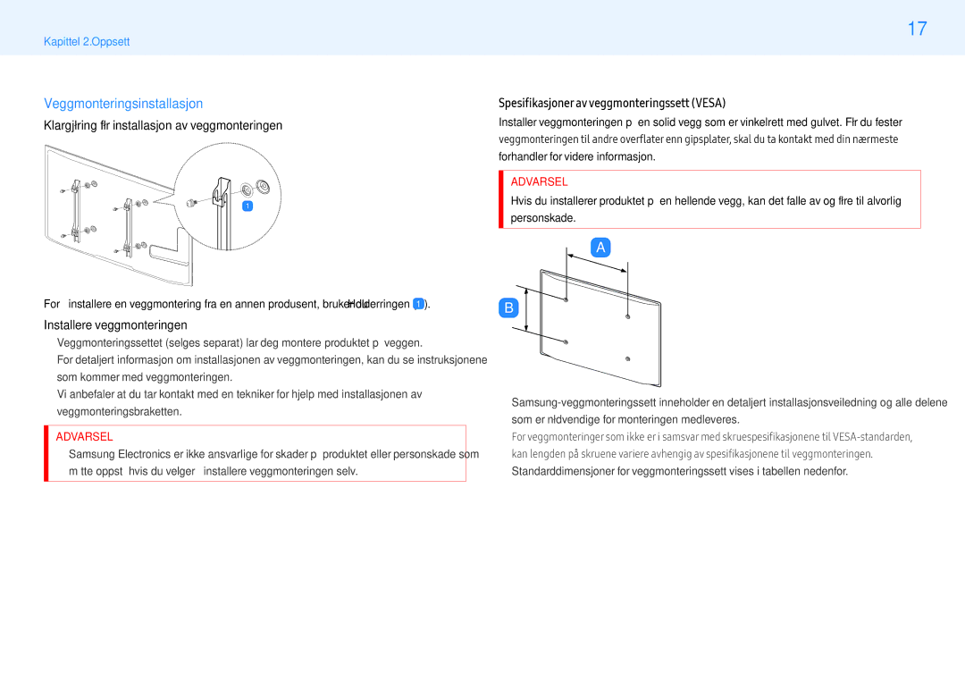 Samsung LH49PMHPBGC/EN, LH55PMHPBGC/EN manual Veggmonteringsinstallasjon, Klargjøring før installasjon av veggmonteringen 