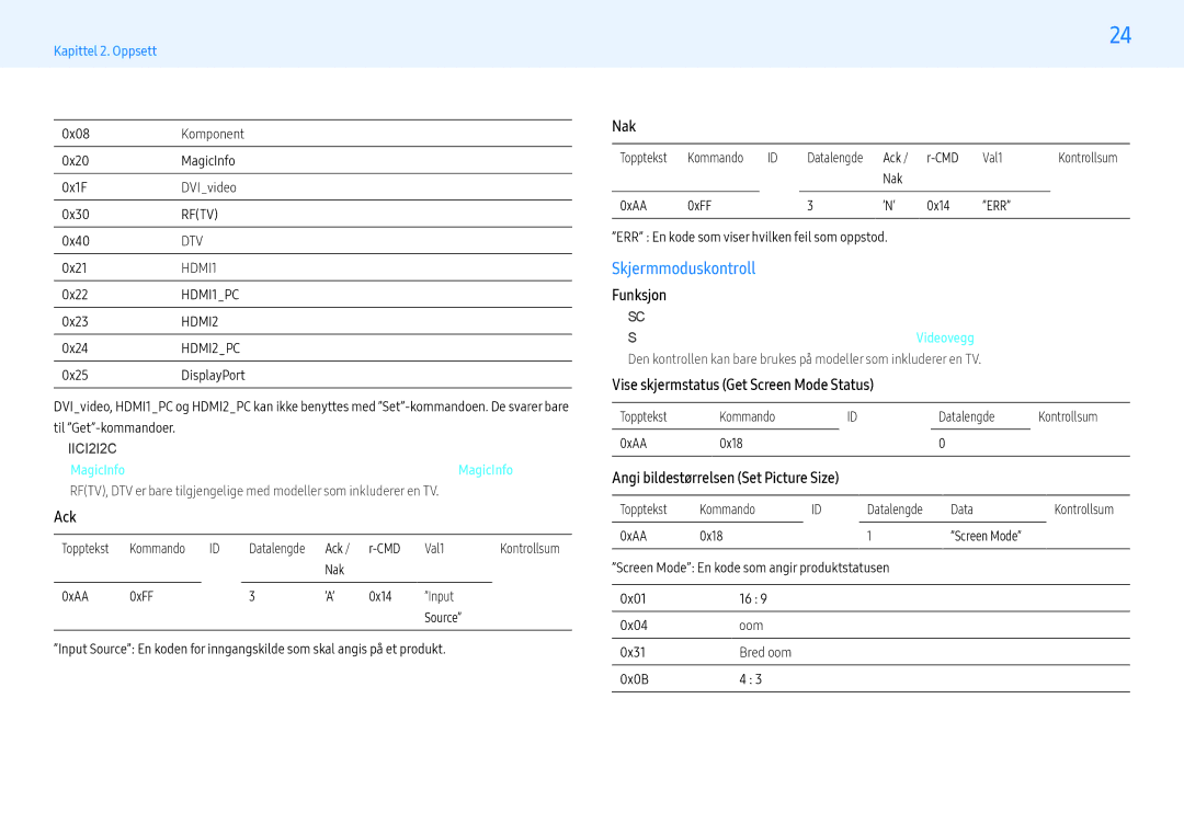 Samsung LH55PMHPBGC/EN, LH43PMHPBGC/EN, LH49PMHPBGC/EN manual Skjermmoduskontroll, Vise skjermstatus Get Screen Mode Status 