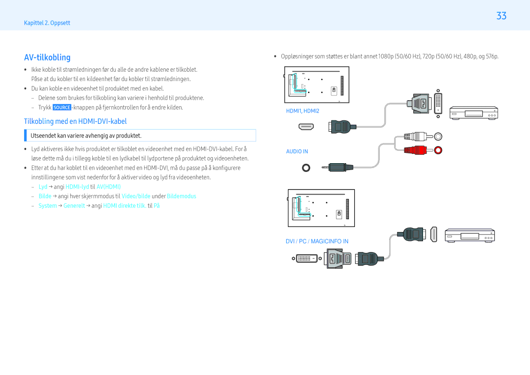 Samsung LH55PMHPBGC/EN, LH43PMHPBGC/EN, LH49PMHPBGC/EN manual AV-tilkobling, ‒‒ Lyd → angi HDMI-lyd til Avhdmi 