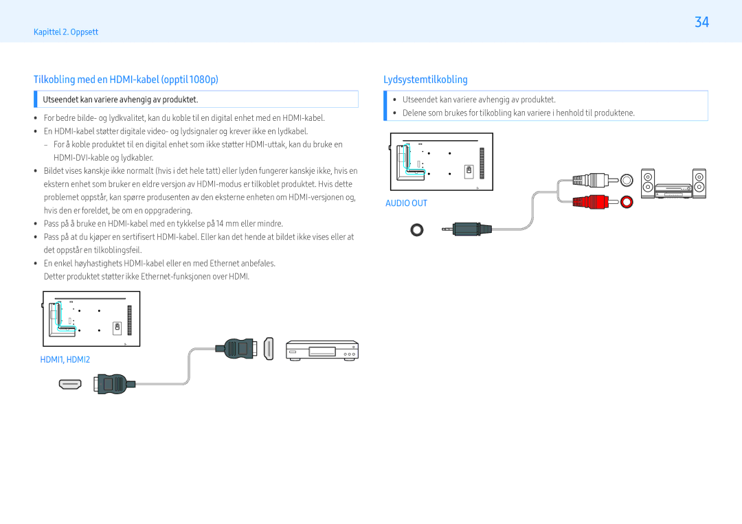 Samsung LH43PMHPBGC/EN, LH55PMHPBGC/EN, LH49PMHPBGC/EN manual Tilkobling med en HDMI-kabel opptil 1080p, Lydsystemtilkobling 