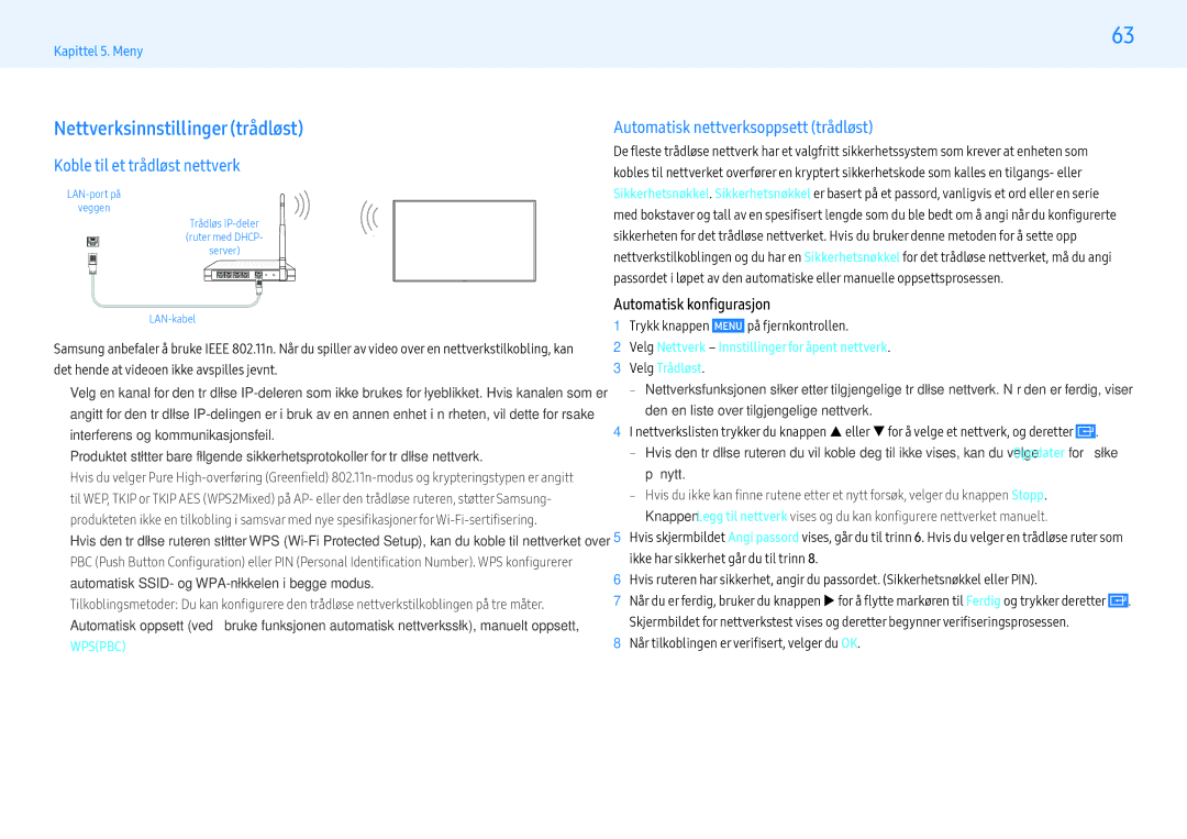 Samsung LH55PMHPBGC/EN, LH43PMHPBGC/EN, LH49PMHPBGC/EN manual Nettverksinnstillinger trådløst, Koble til et trådløst nettverk 