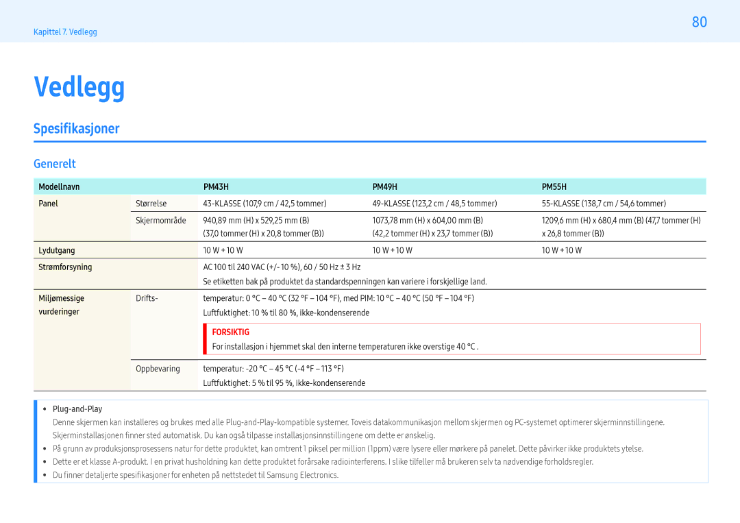 Samsung LH49PMHPBGC/EN, LH55PMHPBGC/EN, LH43PMHPBGC/EN manual Spesifikasjoner, Generelt 