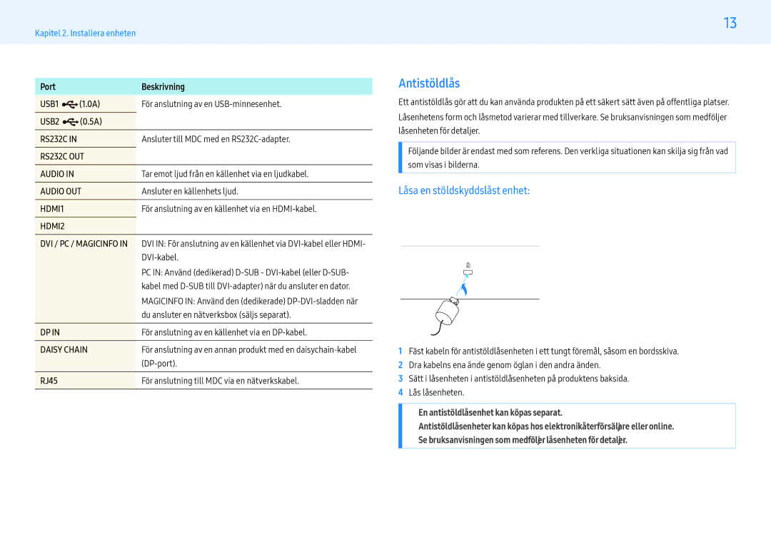 Samsung LH43PMHPBGC/EN, LH55PMHPBGC/EN, LH49PMHPBGC/EN manual Antistöldlås, Låsa en stöldskyddslåst enhet 