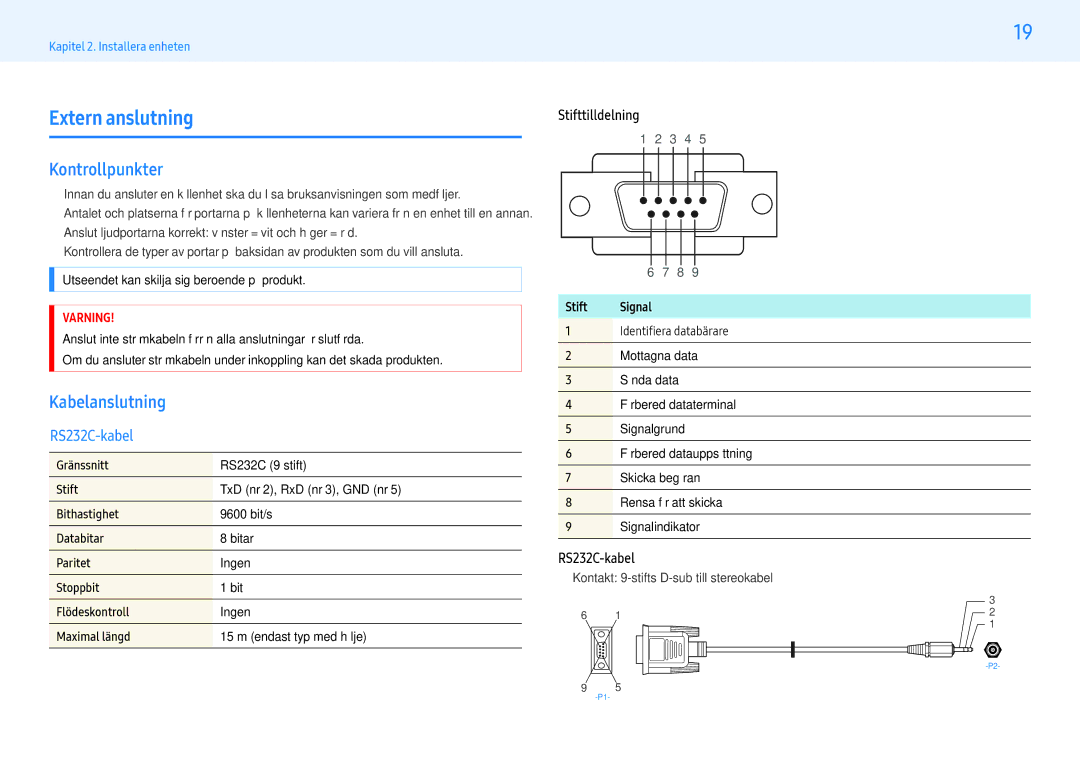 Samsung LH43PMHPBGC/EN, LH55PMHPBGC/EN Extern anslutning, Kontrollpunkter, Stifttilldelning, RS232C-kabel, Stift Signal 