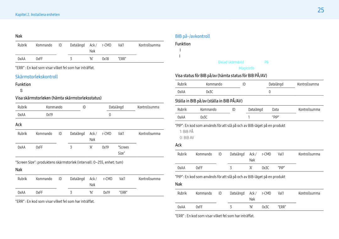 Samsung LH43PMHPBGC/EN manual Skärmstorlekskontroll, BIB på-/avkontroll, Visa skärmstorleken hämta skärmstorleksstatus 