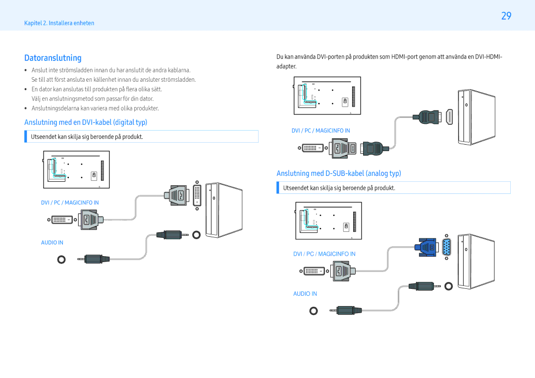 Samsung LH49PMHPBGC/EN Datoranslutning, Anslutning med en DVI-kabel digital typ, Anslutning med D-SUB-kabel analog typ 