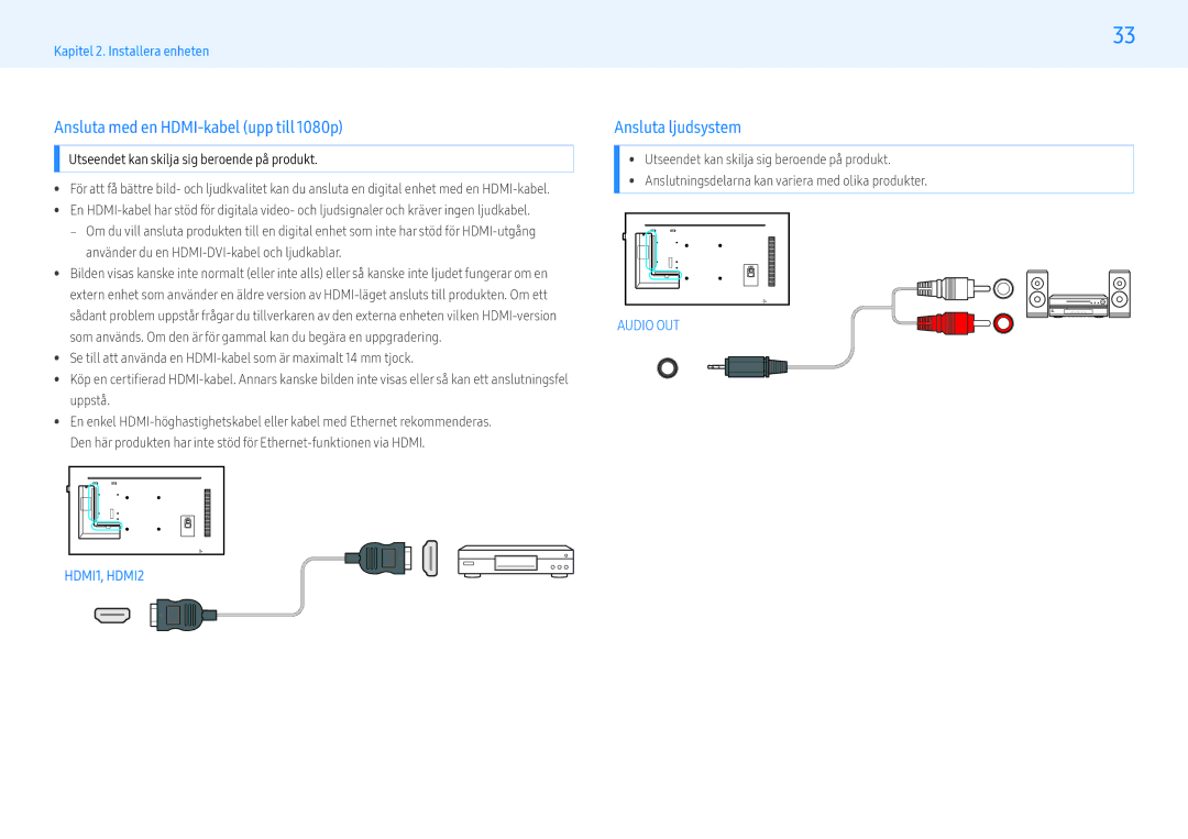 Samsung LH55PMHPBGC/EN, LH43PMHPBGC/EN, LH49PMHPBGC/EN manual Ansluta med en HDMI-kabel upp till 1080p, Ansluta ljudsystem 