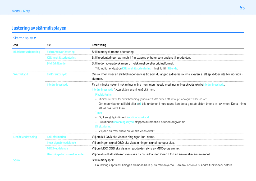 Samsung LH43PMHPBGC/EN manual Justering av skärmdisplayen, Skärmdisplay, Skärmskydd Tid för autoskydd, Timer, Direktvisning 