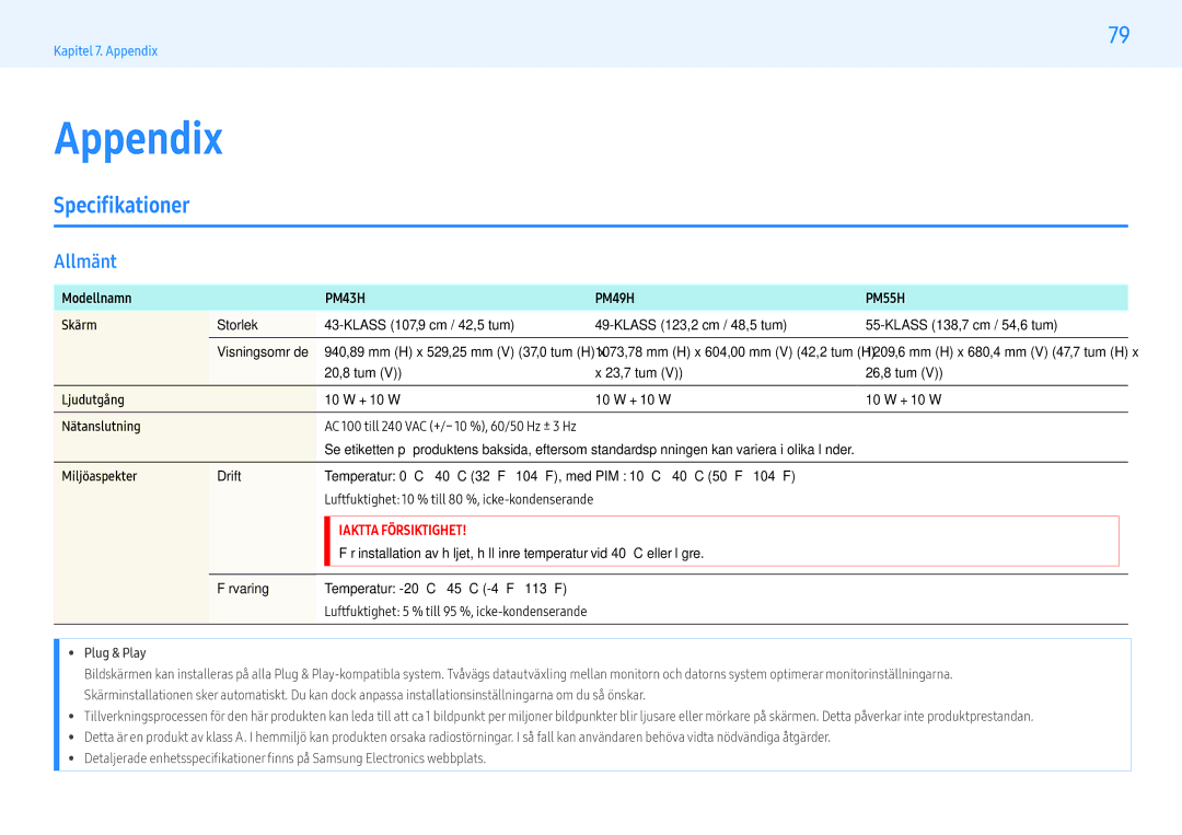 Samsung LH43PMHPBGC/EN, LH55PMHPBGC/EN, LH49PMHPBGC/EN manual Appendix, Specifikationer, Allmänt 