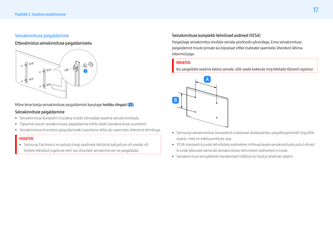 Samsung LH49PMHPBGC/EN, LH55PMHPBGC/EN manual Seinakinnituse paigaldamine, Ettevalmistus seinakinnituse paigaldamiseks 